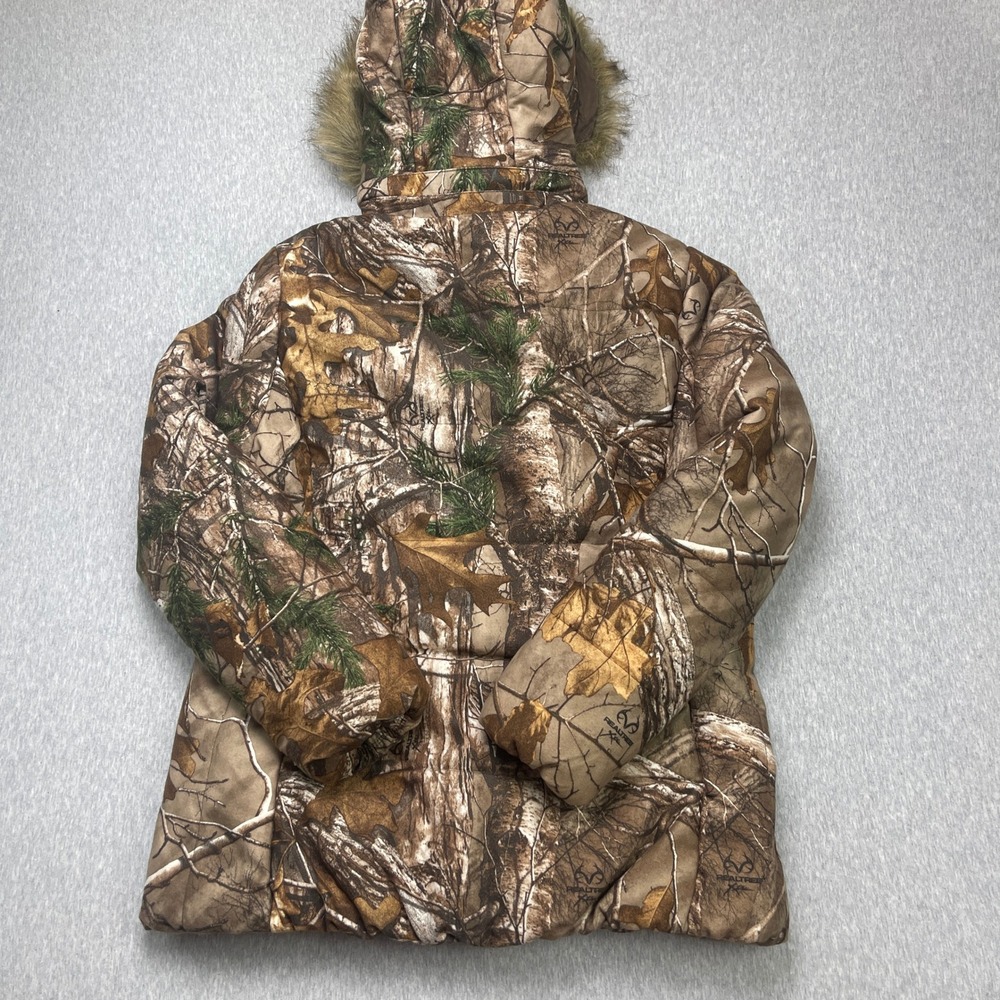 Realtree Xtra Camo Puffer Jacket Womens L Brown Pink Faux Fur Hood EUC - Picture 8 of 13